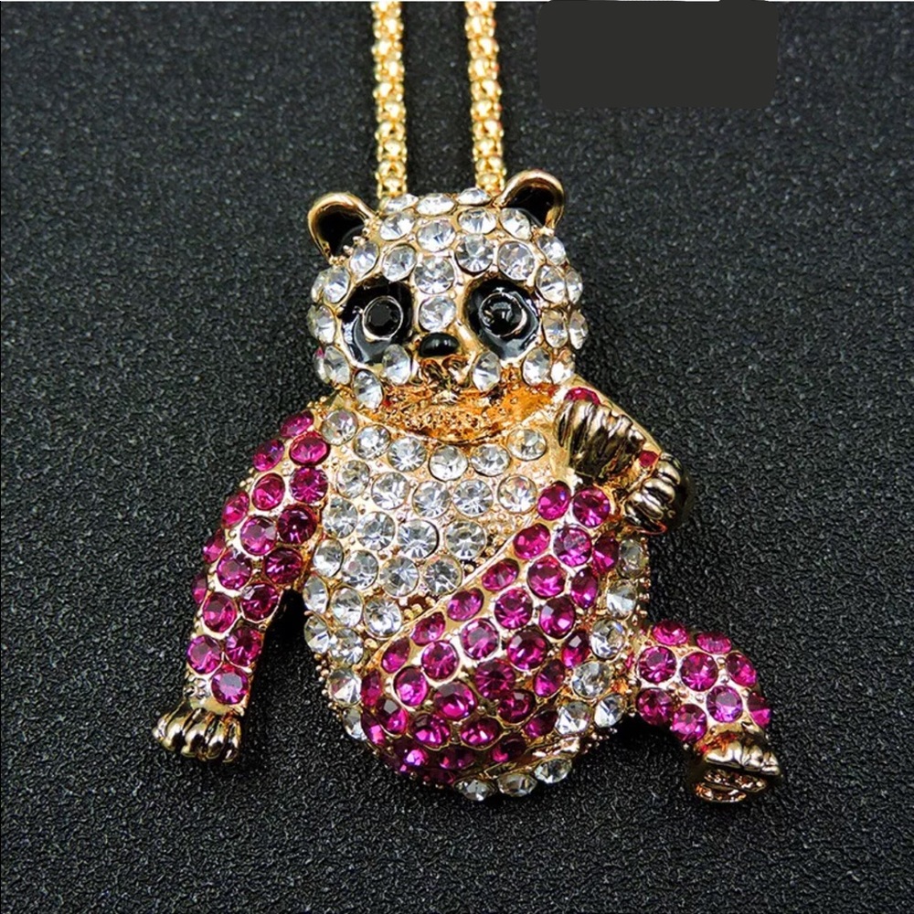 Very Cute Rhinestone Pink Panda Necklace